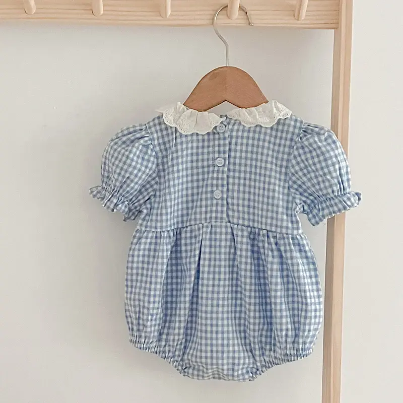 2025 Summer Toddler Blue Plaid Clothes 0-24M Baby Clothing Baby Girls Jumpsuit Short Sleeved Cotton Lace Splicing Climbing Suit