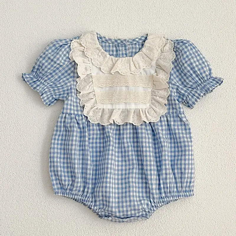 2025 Summer Toddler Blue Plaid Clothes 0-24M Baby Clothing Baby Girls Jumpsuit Short Sleeved Cotton Lace Splicing Climbing Suit