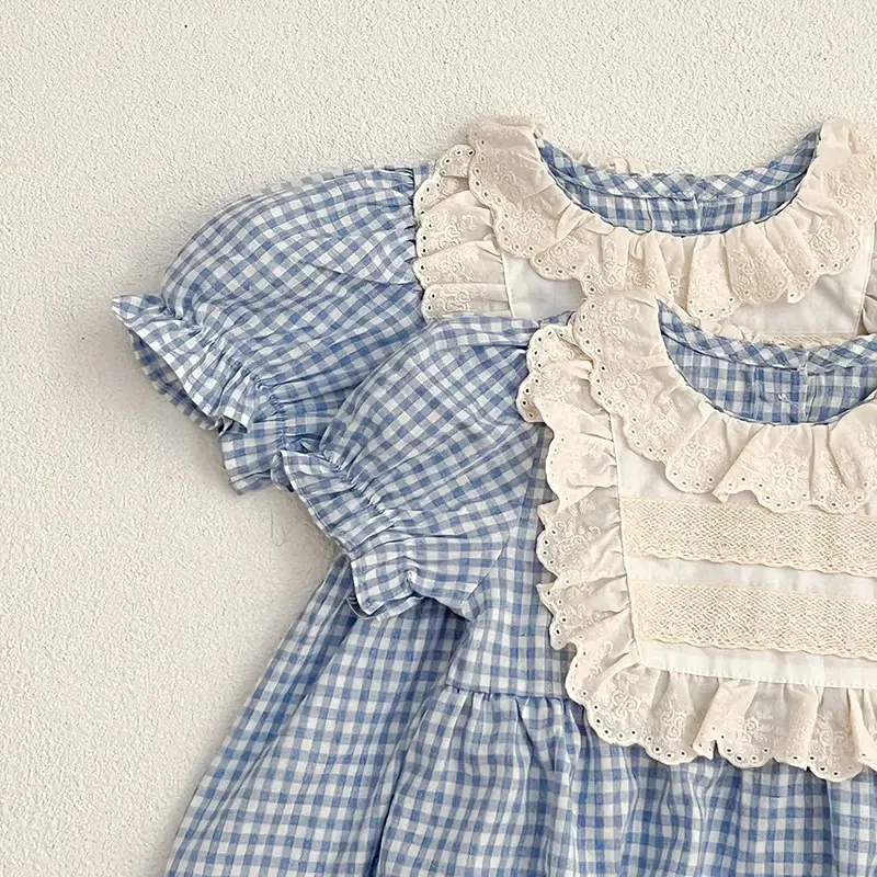 2025 Summer Toddler Blue Plaid Clothes 0-24M Baby Clothing Baby Girls Jumpsuit Short Sleeved Cotton Lace Splicing Climbing Suit