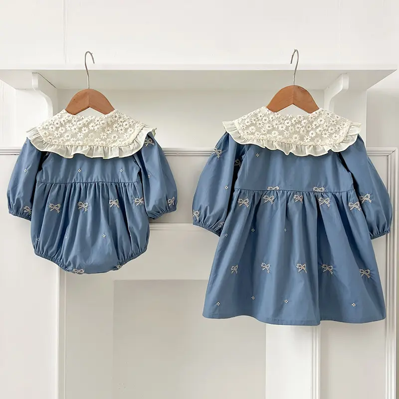 Spring Sisters Clothes Girls Bow Embroidery Lace Clothing Baby Romper Cotton Infant Bodysuit Princess Girls Sister Family Dress