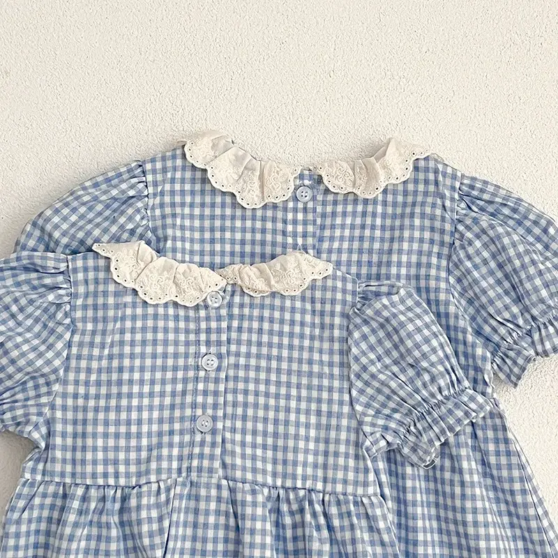 2025 Summer Toddler Blue Plaid Clothes 0-24M Baby Clothing Baby Girls Jumpsuit Short Sleeved Cotton Lace Splicing Climbing Suit