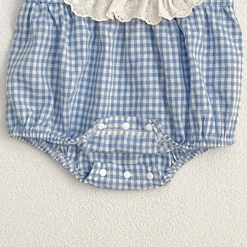 2025 Summer Toddler Blue Plaid Clothes 0-24M Baby Clothing Baby Girls Jumpsuit Short Sleeved Cotton Lace Splicing Climbing Suit