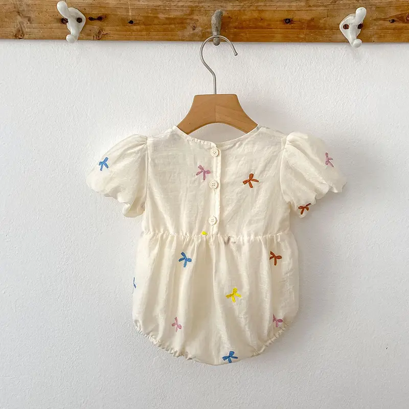 Summer Baby Girls Clothes Embroidered Bow Short Sleeve Romper Lace Bodysuit Doll Collar Jumpsuit Outfit Girls Climbing Clothes