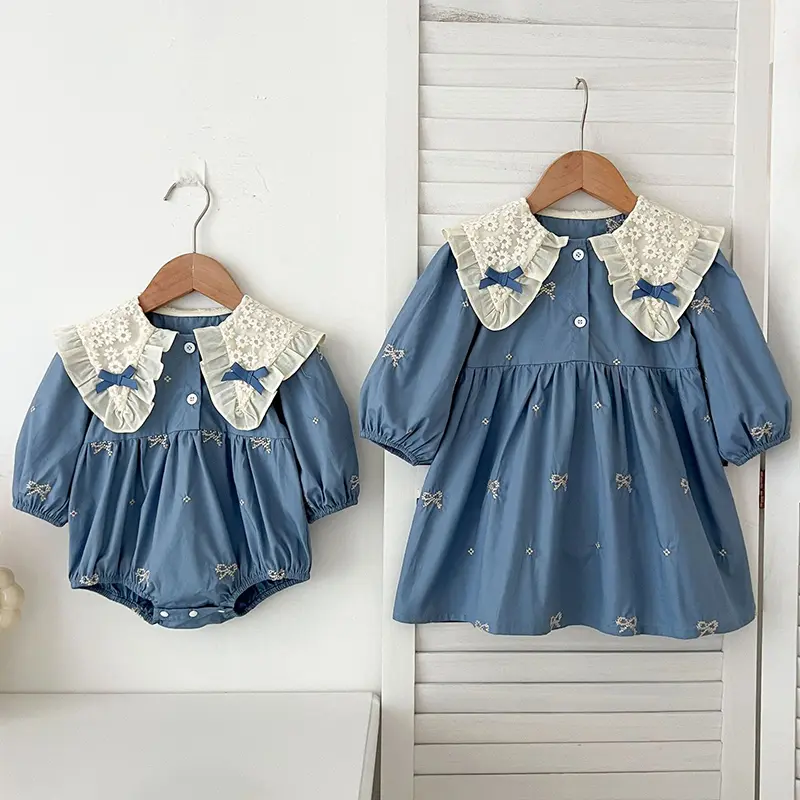 Spring Sisters Clothes Girls Bow Embroidery Lace Clothing Baby Romper Cotton Infant Bodysuit Princess Girls Sister Family Dress