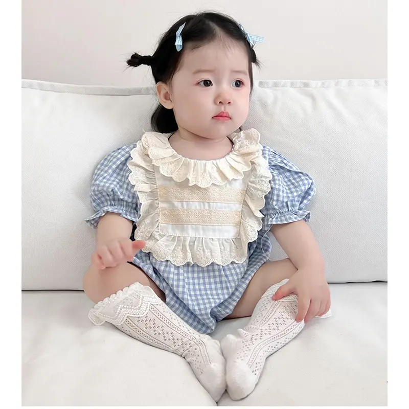 New Newborn Lace Clothing Baby Girls Romper Summer Vintage Blue Grid Infant Embroidery Jumpsuit Toddler Girls One-Piece Clothing