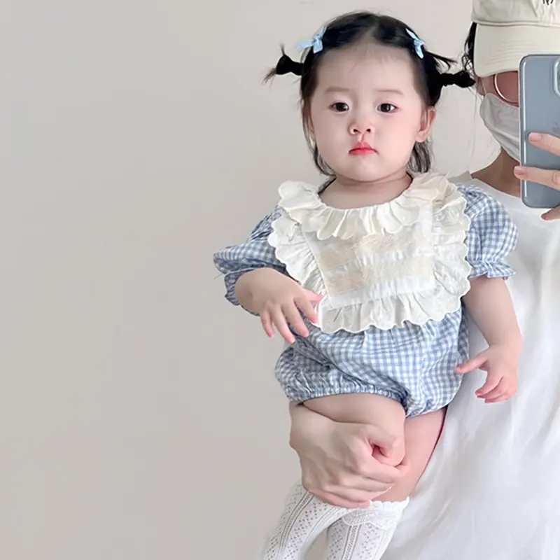 New Newborn Lace Clothing Baby Girls Romper Summer Vintage Blue Grid Infant Embroidery Jumpsuit Toddler Girls One-Piece Clothing