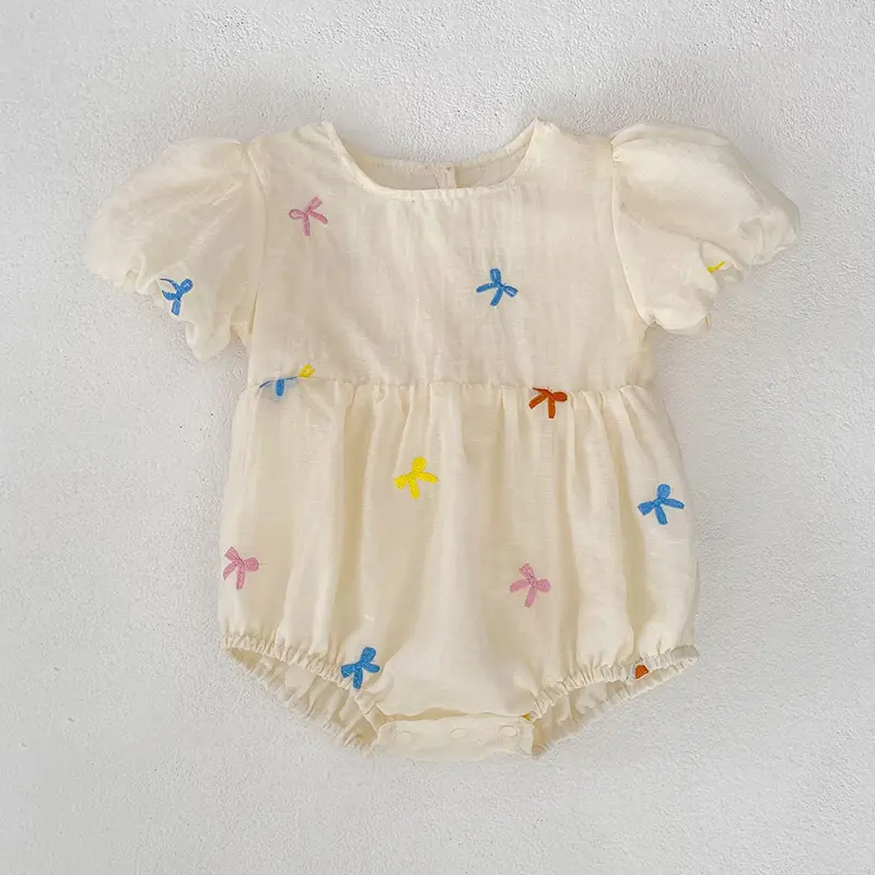 Summer Baby Girls Clothes Embroidered Bow Short Sleeve Romper Lace Bodysuit Doll Collar Jumpsuit Outfit Girls Climbing Clothes