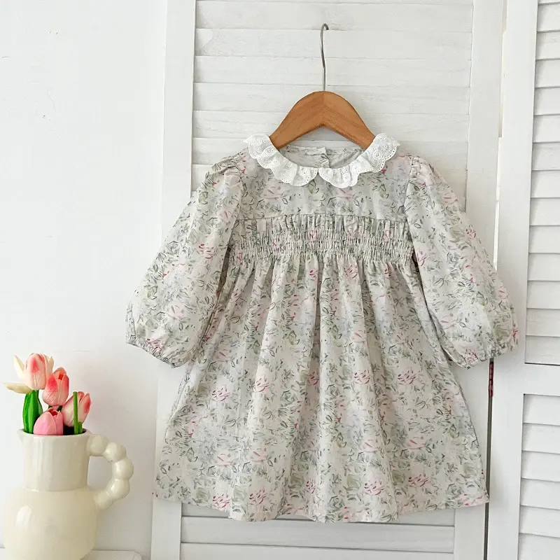 1-7Yrs Kids Dresses Autumn Floral Girls Dress Spring Long Sleeve Kids Lace Dress Cotton Princess Dress Toddler Girls Clothing