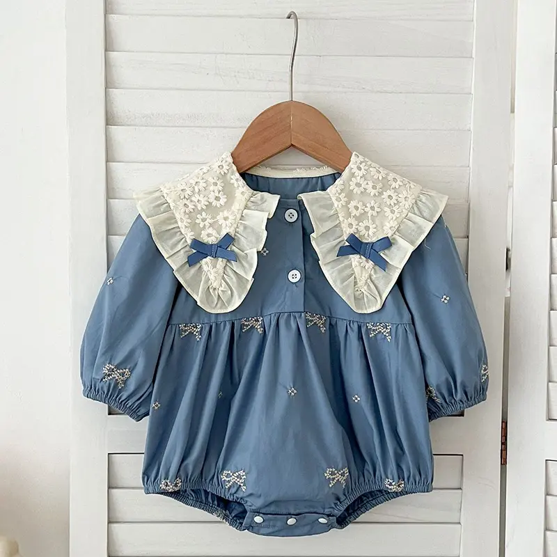 Infant Baby Girls Romper Embroidered Bow Autumn Newborn Long Sleeve Cotton Rompers Lace Kids Baby Jumpsuit Playsuit Baby Clothes
