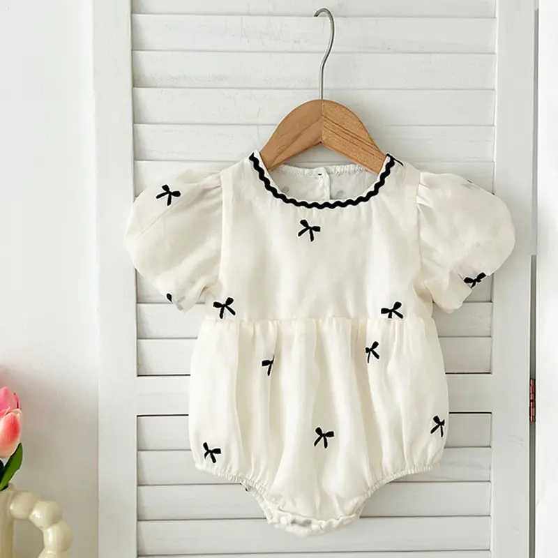 Summer Baby Girls Clothes Embroidered Bow Short Sleeve Romper Lace Bodysuit Doll Collar Jumpsuit Outfit Girls Climbing Clothes
