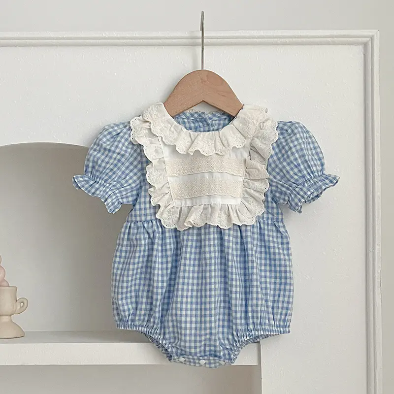 New Newborn Lace Clothing Baby Girls Romper Summer Vintage Blue Grid Infant Embroidery Jumpsuit Toddler Girls One-Piece Clothing