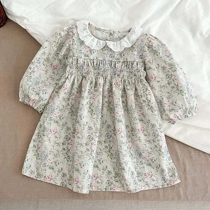 1-7Yrs Kids Dresses Autumn Floral Girls Dress Spring Long Sleeve Kids Lace Dress Cotton Princess Dress Toddler Girls Clothing