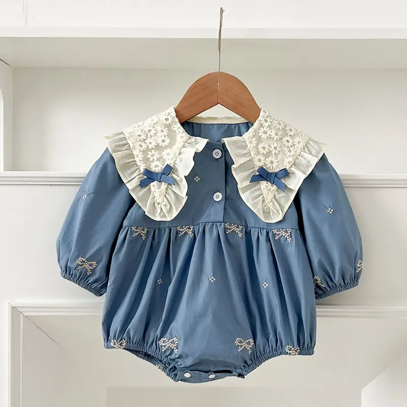Infant Baby Girls Romper Embroidered Bow Autumn Newborn Long Sleeve Cotton Rompers Lace Kids Baby Jumpsuit Playsuit Baby Clothes
