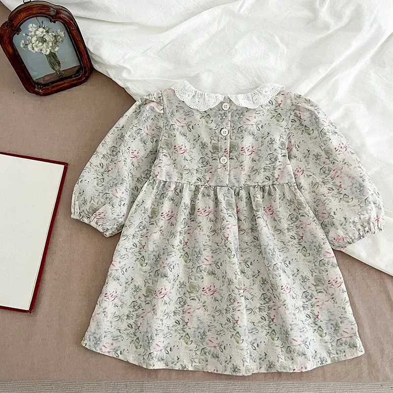 1-7Yrs Kids Dresses Autumn Floral Girls Dress Spring Long Sleeve Kids Lace Dress Cotton Princess Dress Toddler Girls Clothing