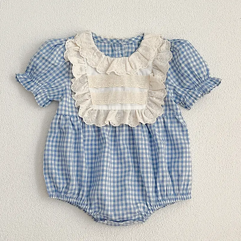 New Newborn Lace Clothing Baby Girls Romper Summer Vintage Blue Grid Infant Embroidery Jumpsuit Toddler Girls One-Piece Clothing