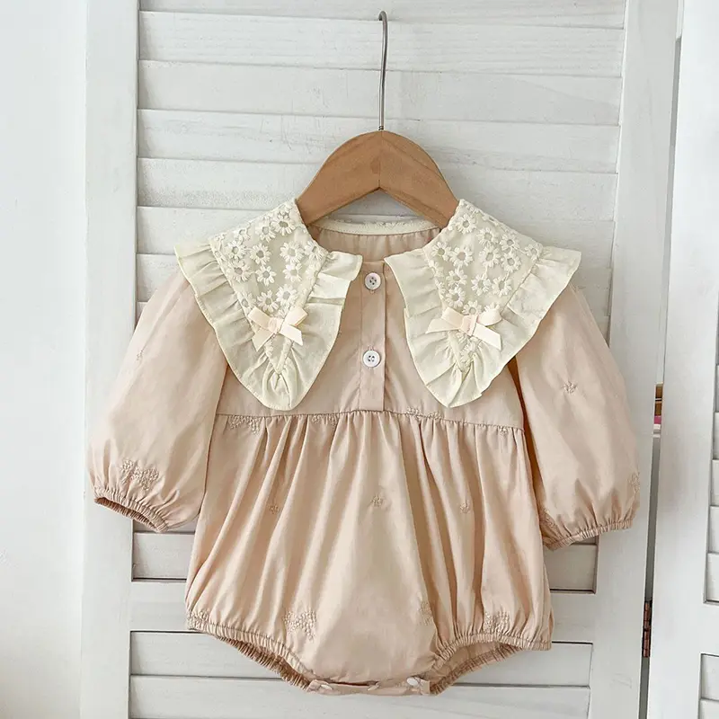 Infant Baby Girls Romper Embroidered Bow Autumn Newborn Long Sleeve Cotton Rompers Lace Kids Baby Jumpsuit Playsuit Baby Clothes