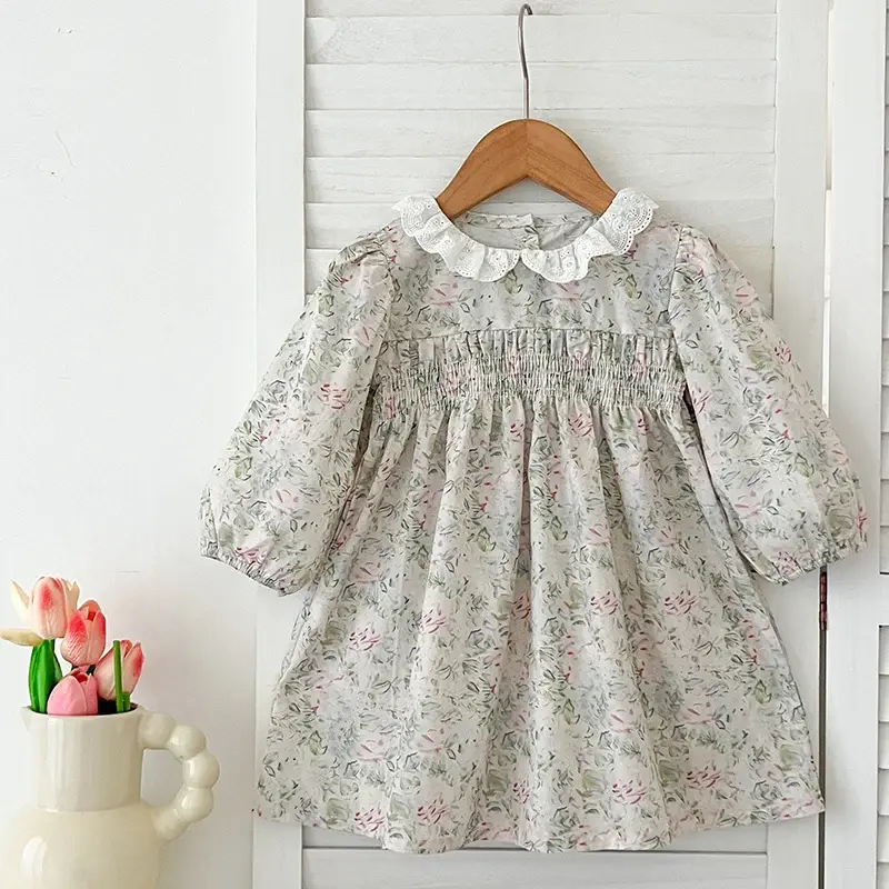 1-7Yrs Kids Dresses Autumn Floral Girls Dress Spring Long Sleeve Kids Lace Dress Cotton Princess Dress Toddler Girls Clothing