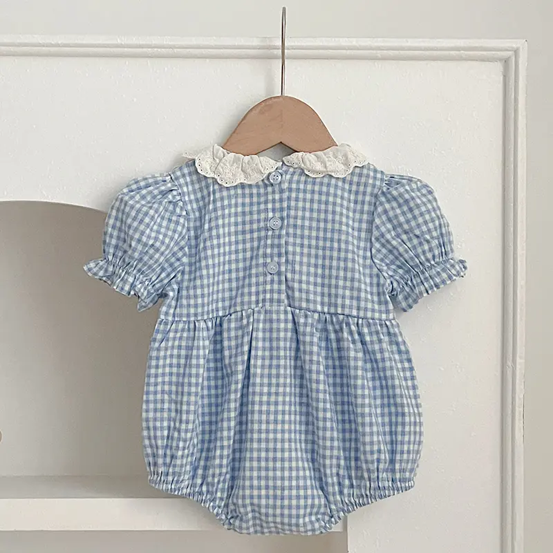 New Newborn Lace Clothing Baby Girls Romper Summer Vintage Blue Grid Infant Embroidery Jumpsuit Toddler Girls One-Piece Clothing