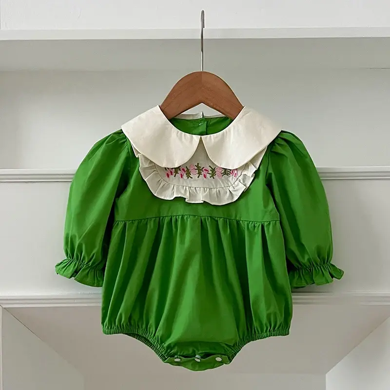 Infant Bodysuit Autumn Baby Girl Clothes Spring Cotton Puff Sleeve Princess Green Romper Embroidered Flowers Clothing Outfits