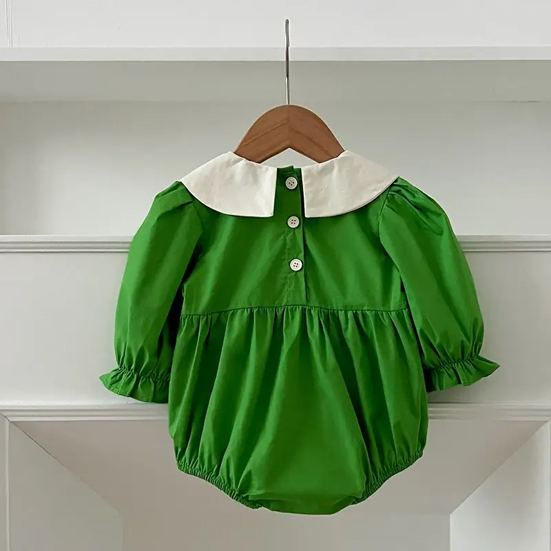 Infant Bodysuit Autumn Baby Girl Clothes Spring Cotton Puff Sleeve Princess Green Romper Embroidered Flowers Clothing Outfits
