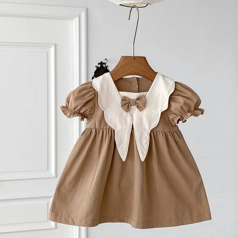 1-5Yrs Baby Girls Dress Casual Bow Clothes Summer Cotton Girls Princess Dress Big Turn Down Collar Dress Girls Clothes Korean