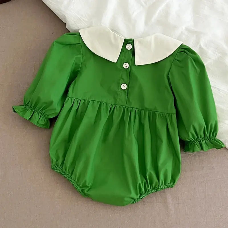 Infant Bodysuit Autumn Baby Girl Clothes Spring Cotton Puff Sleeve Princess Green Romper Embroidered Flowers Clothing Outfits