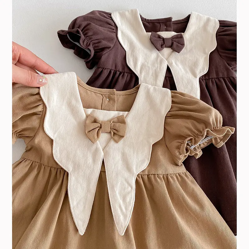1-5Yrs Baby Girls Dress Casual Bow Clothes Summer Cotton Girls Princess Dress Big Turn Down Collar Dress Girls Clothes Korean