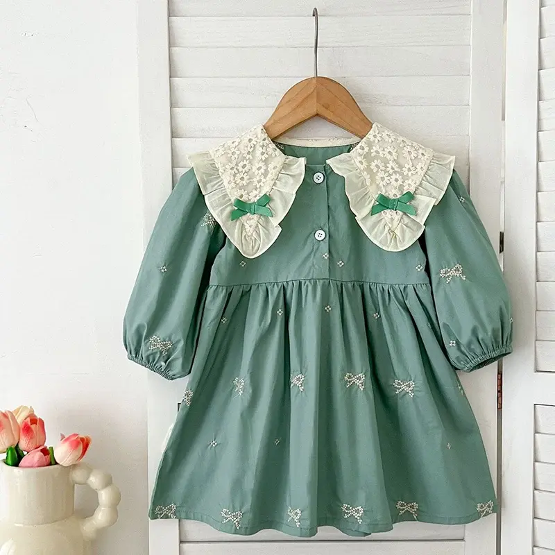 1-6Yrs Kids Princess Dresses Baby Girl Party Dress European American Style Clothing Autumn Embroidered Bow Cotton Lace Splicing