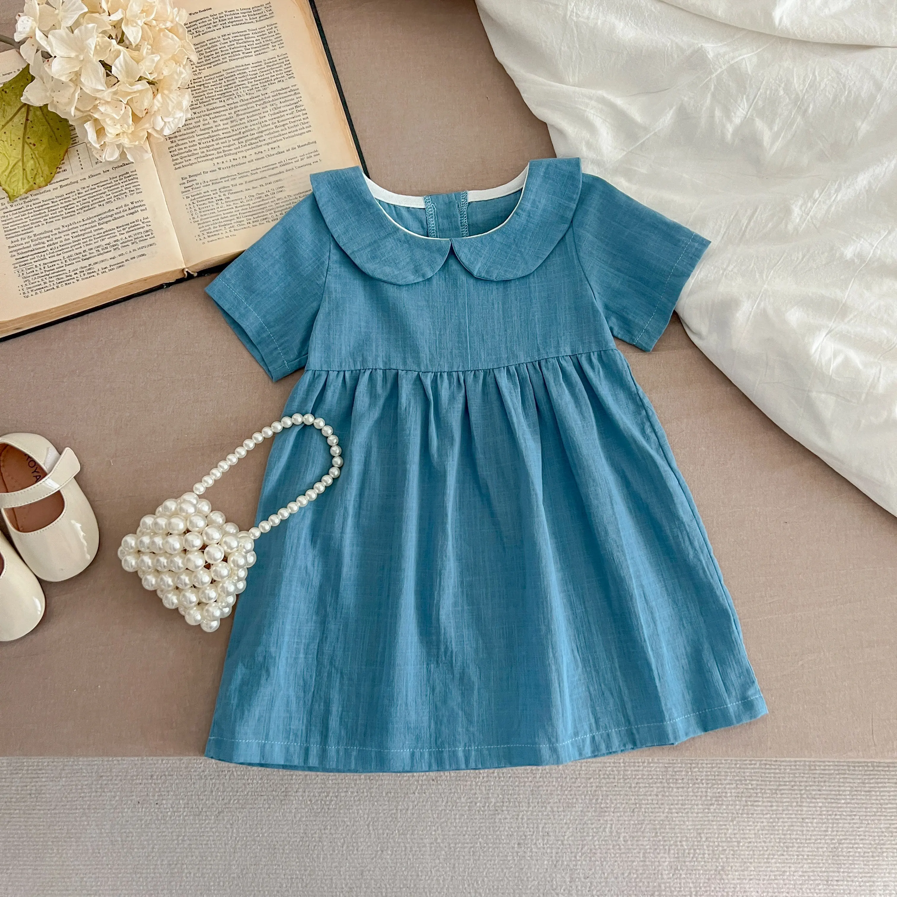 Summer Toddler Infant Baby Dress Solid Cotton Simple Baby Girls Home Dress  Kids Casual Clothes Ruffle Decoration Princess Dress