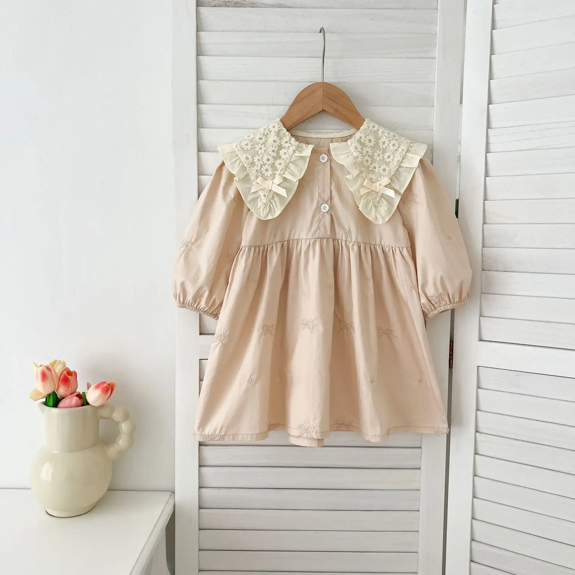 1-6Yrs Kids Princess Dresses Baby Girl Party Dress European American Style Clothing Autumn Embroidered Bow Cotton Lace Splicing