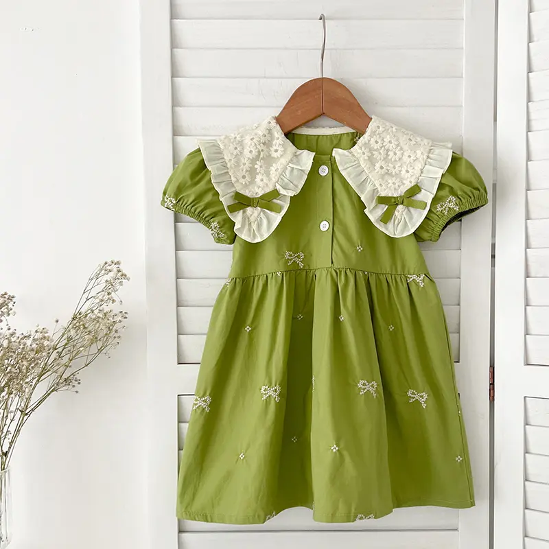 Summer Korean Baby Girl Dress 1-6Yrs Girls Green Dress Embroidery Version Children's Fresh Cute Princess Dress Stylish Bow Dress