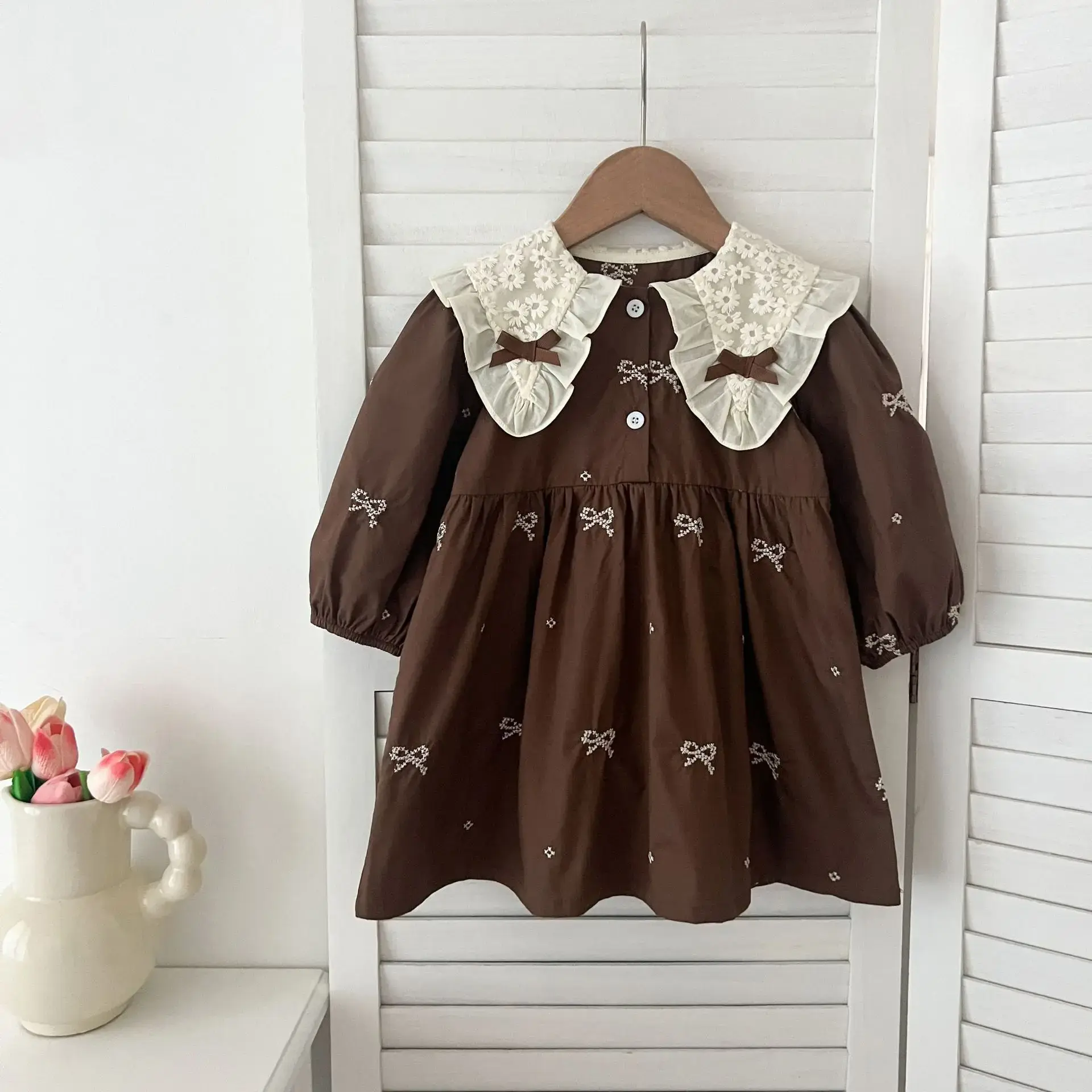 1-6Yrs Kids Princess Dresses Baby Girl Party Dress European American Style Clothing Autumn Embroidered Bow Cotton Lace Splicing