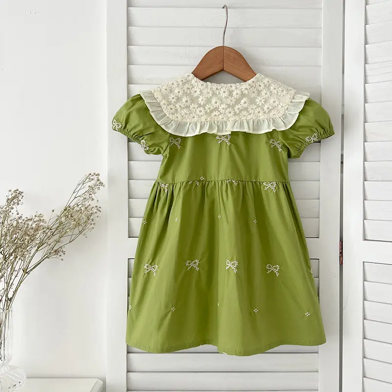 Summer Korean Baby Girl Dress 1-6Yrs Girls Green Dress Embroidery Version Children's Fresh Cute Princess Dress Stylish Bow Dress