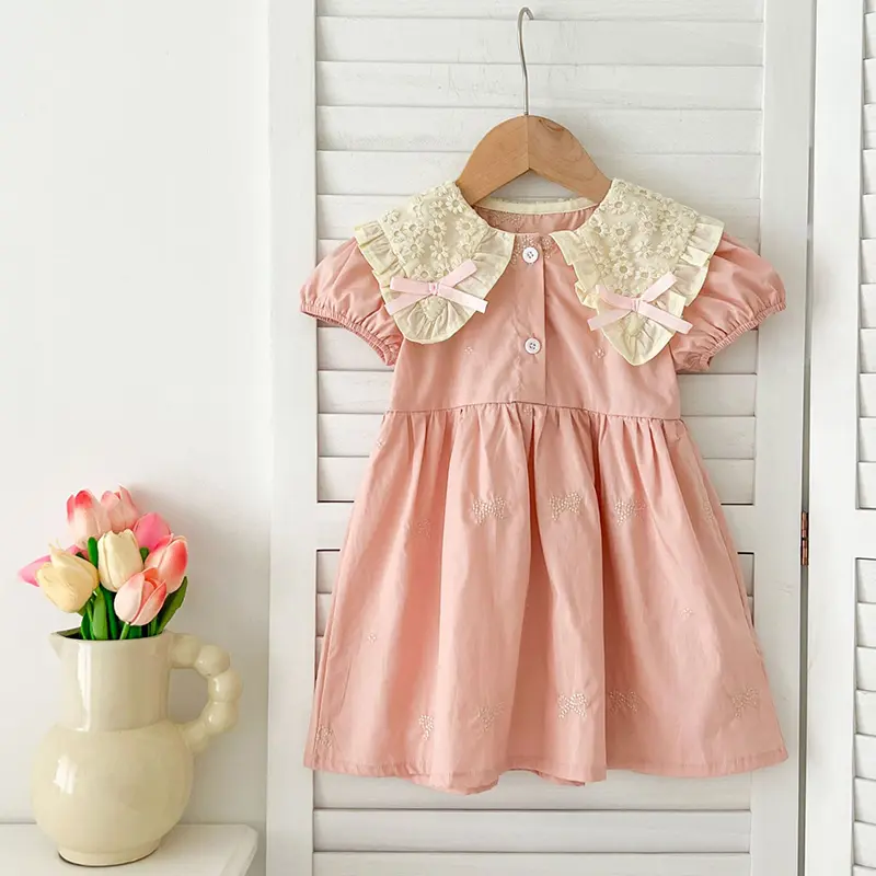 Summer Korean Baby Girl Dress 1-6Yrs Girls Green Dress Embroidery Version Children's Fresh Cute Princess Dress Stylish Bow Dress