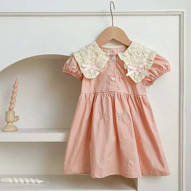 Summer Korean Baby Girl Dress 1-6Yrs Girls Green Dress Embroidery Version Children's Fresh Cute Princess Dress Stylish Bow Dress