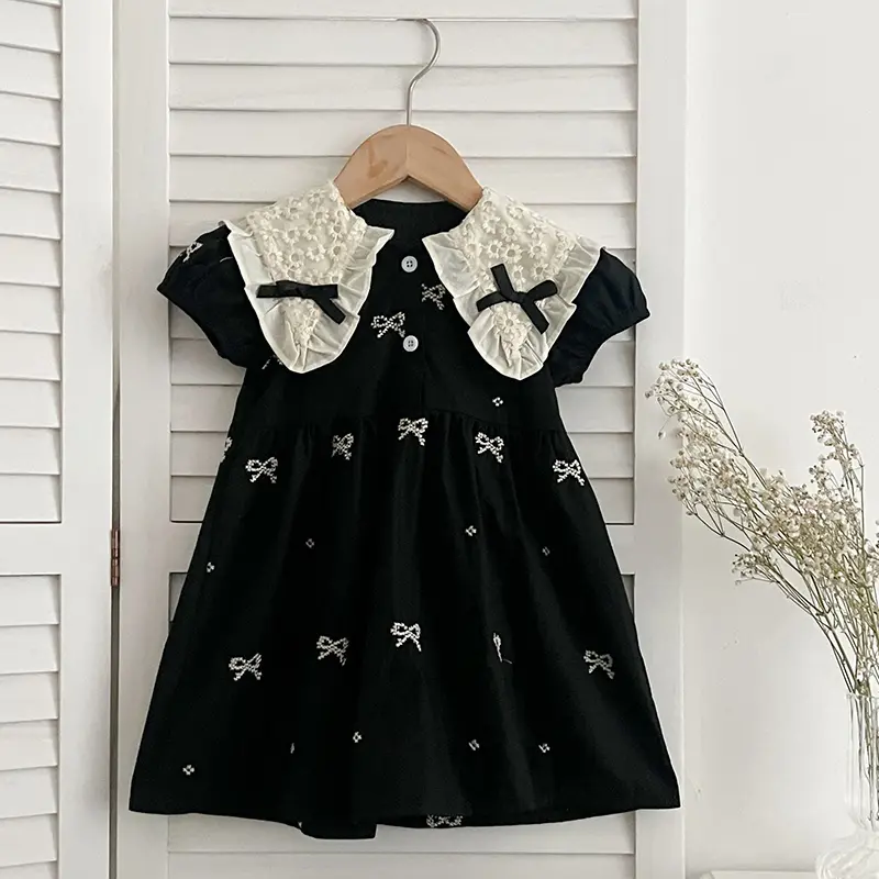 Summer Korean Baby Girl Dress 1-6Yrs Girls Green Dress Embroidery Version Children's Fresh Cute Princess Dress Stylish Bow Dress