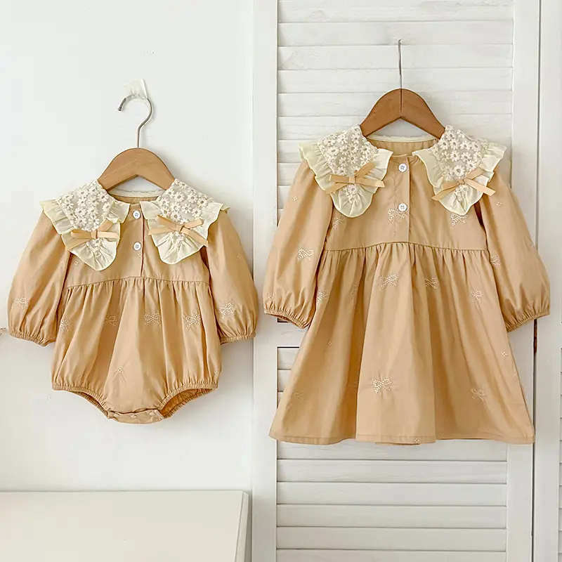 Family Sister Dress Embroidered Bow Outfits Newborn Girls Bodysuits Cotton Lace Collar Infant Baby Girls Dress Jumpsuit Outfits