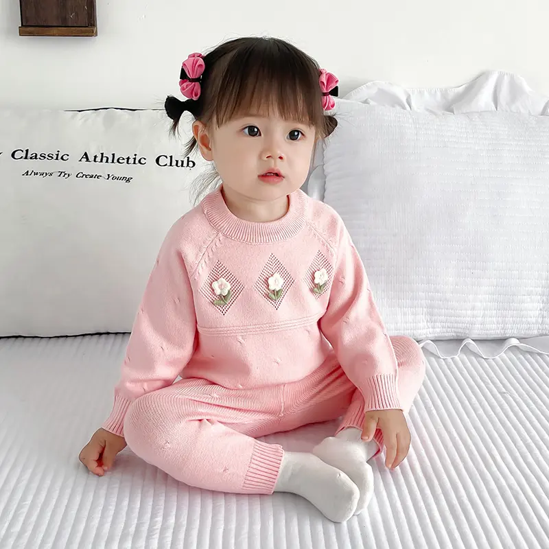 Baby Clothes Sets Knit Cotton Autumn Newborn Embroidery Sets Girl Infant Clothing Tops And Pants Knit Sweater Baby Pajamas Sets