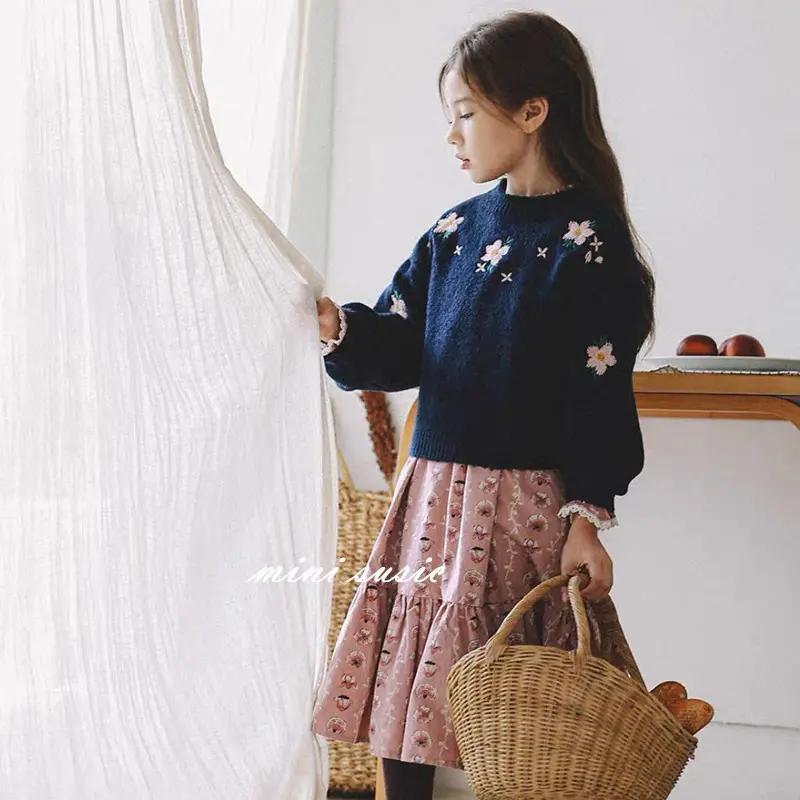 Autumn New Baby Clothing Knitted Baby Girl Sweater Long Sleeve Round Neck Flower Letter Embroidery Knit Pullover Toddler Tops