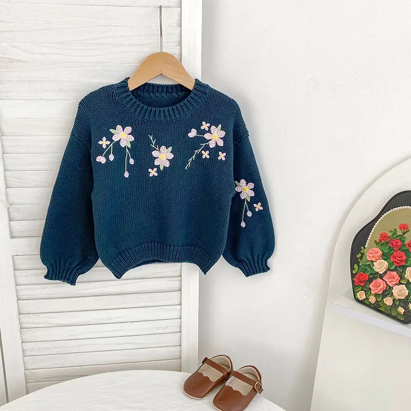 Autumn New Baby Clothing Knitted Baby Girl Sweater Long Sleeve Round Neck Flower Letter Embroidery Knit Pullover Toddler Tops