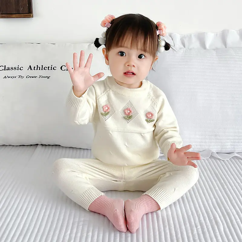 Baby Clothes Sets Knit Cotton Autumn Newborn Embroidery Sets Girl Infant Clothing Tops And Pants Knit Sweater Baby Pajamas Sets