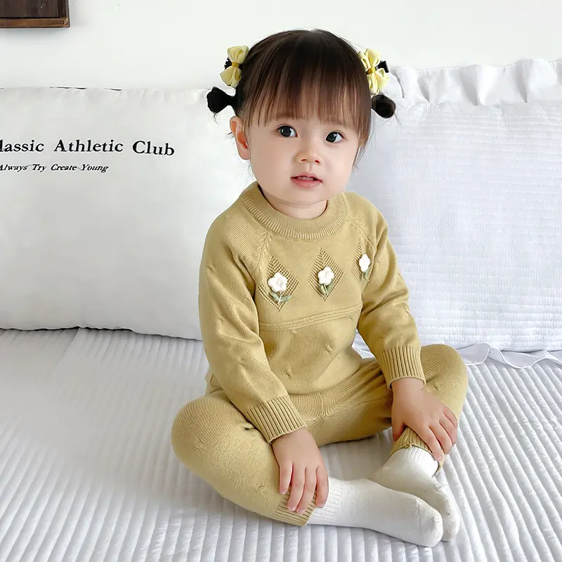 Baby Clothes Sets Knit Cotton Autumn Newborn Embroidery Sets Girl Infant Clothing Tops And Pants Knit Sweater Baby Pajamas Sets