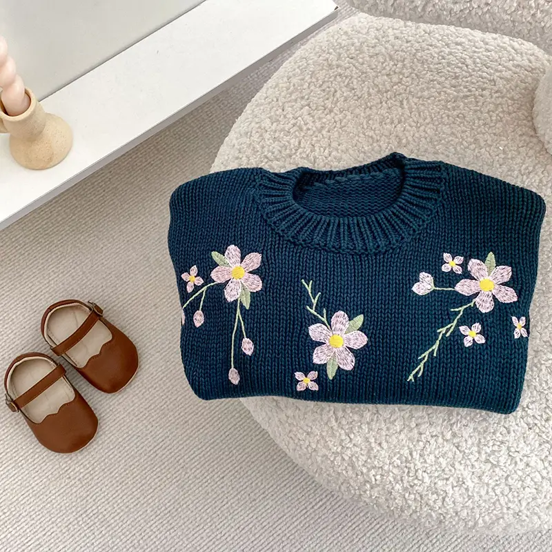 Autumn New Baby Clothing Knitted Baby Girl Sweater Long Sleeve Round Neck Flower Letter Embroidery Knit Pullover Toddler Tops