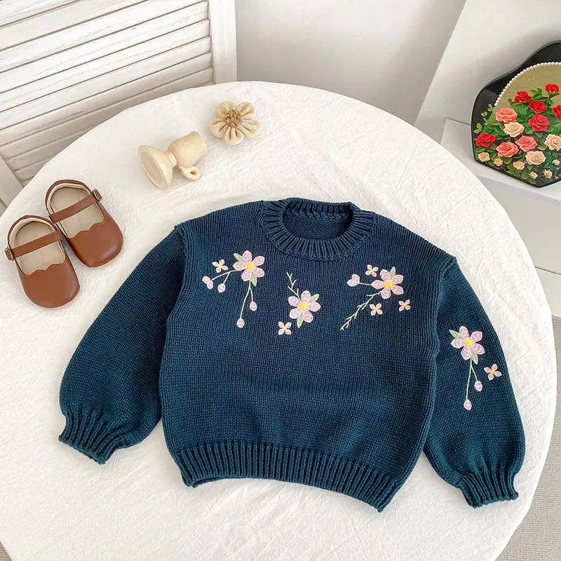 Autumn New Baby Clothing Knitted Baby Girl Sweater Long Sleeve Round Neck Flower Letter Embroidery Knit Pullover Toddler Tops