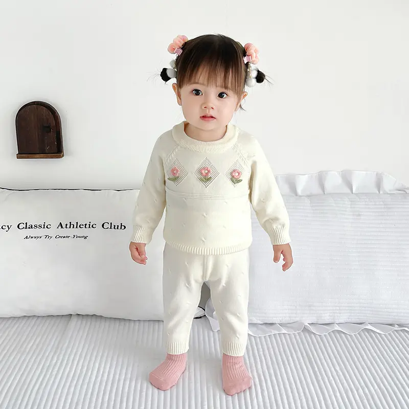Baby Clothes Sets Knit Cotton Autumn Newborn Embroidery Sets Girl Infant Clothing Tops And Pants Knit Sweater Baby Pajamas Sets