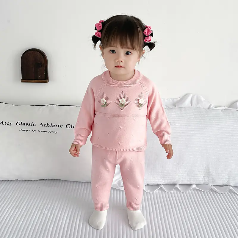 Baby Clothes Sets Knit Cotton Autumn Newborn Embroidery Sets Girl Infant Clothing Tops And Pants Knit Sweater Baby Pajamas Sets