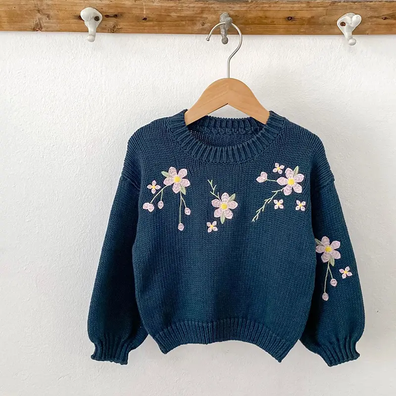 Autumn New Baby Clothing Knitted Baby Girl Sweater Long Sleeve Round Neck Flower Letter Embroidery Knit Pullover Toddler Tops