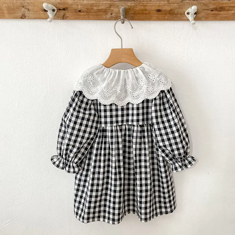 Autumn Children Girl Vintage Dress Spring Turn Down Collar 2-7Yrs Princess Dress Black White Grid Long Sleeve Baby Girls Dress