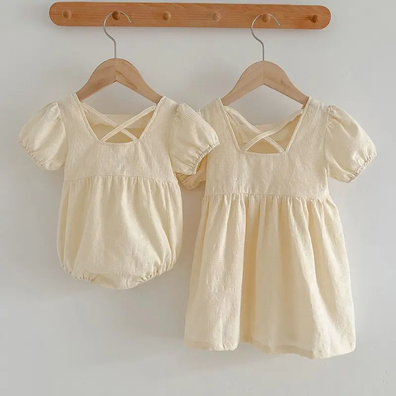 Summer Newborn Toddler Baby Girls Pure Color Jumpsuit Sweet Baby Girls Short Sleeves Kids Princess Dress Girls Sister Clothes