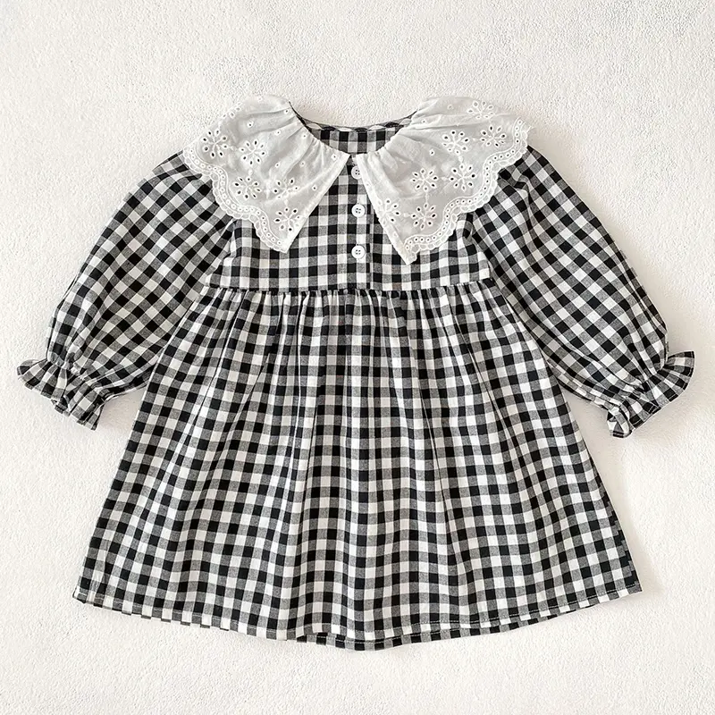 Autumn Children Girl Vintage Dress Spring Turn Down Collar 2-7Yrs Princess Dress Black White Grid Long Sleeve Baby Girls Dress